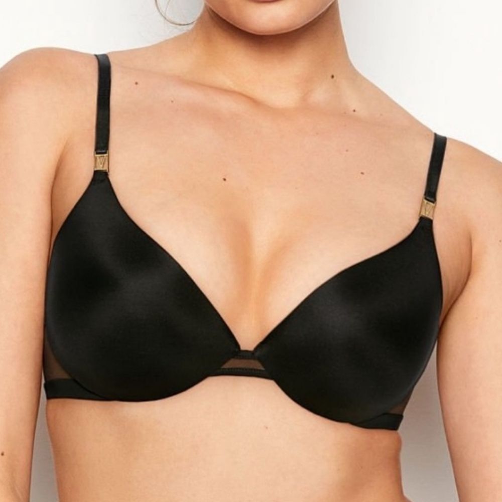 Victoria's Secret Black Satin Mesh Uplift Plunge Push Up Bra, Sz 32C